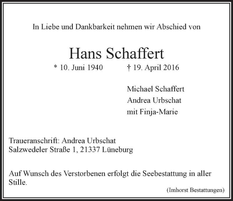 Traueranzeigen von Hans Schaffert TrauerLüneburg.de