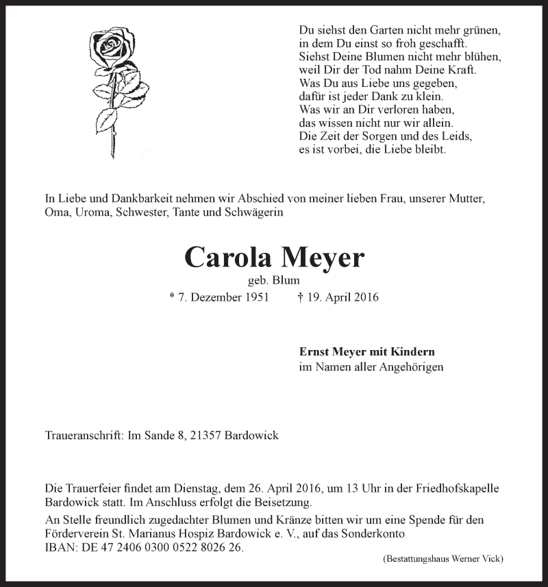  Traueranzeige für Carola Meyer vom 23.04.2016 aus LZ