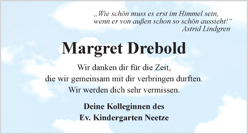  Traueranzeige für Margret Drebold vom 07.04.2016 aus LZ