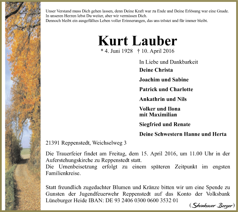  Traueranzeige für Kurt Lauber vom 12.04.2016 aus LZ