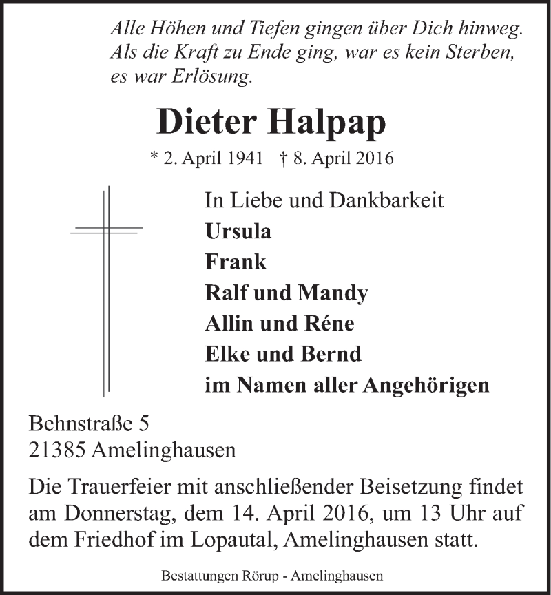  Traueranzeige für Dieter Halpap vom 11.04.2016 aus LZ