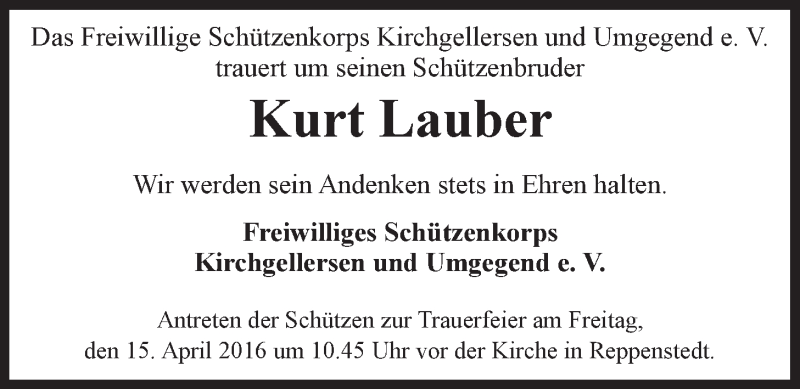  Traueranzeige für Kurt Lauber vom 13.04.2016 aus LZ