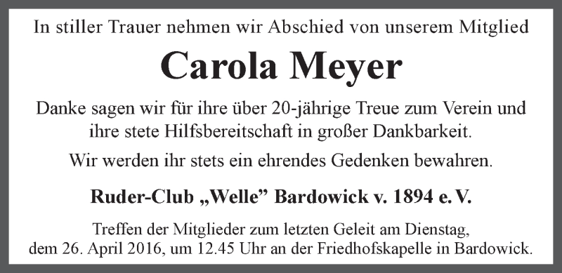  Traueranzeige für Carola Meyer vom 23.04.2016 aus LZ