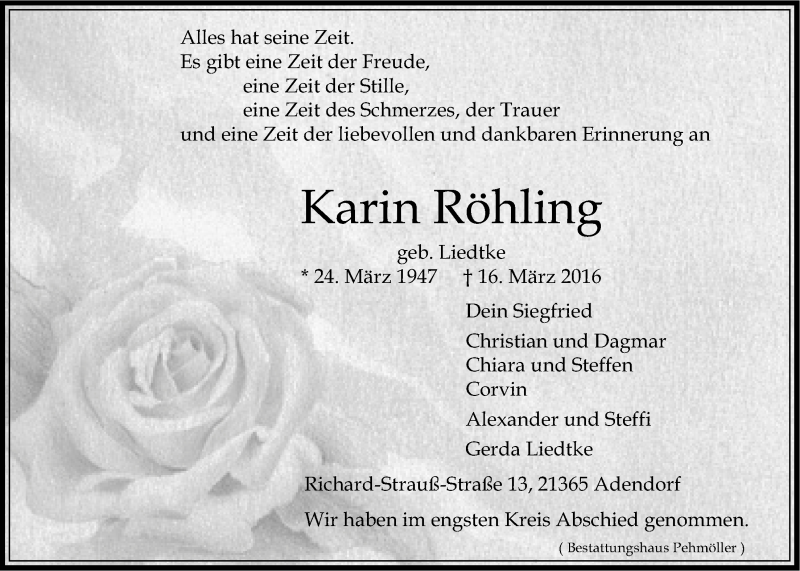  Traueranzeige für Karin Röhling vom 09.04.2016 aus LZ