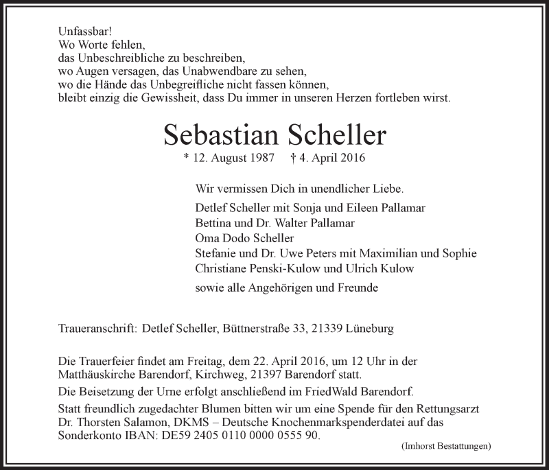  Traueranzeige für Sebastian Scheller vom 16.04.2016 aus LZ