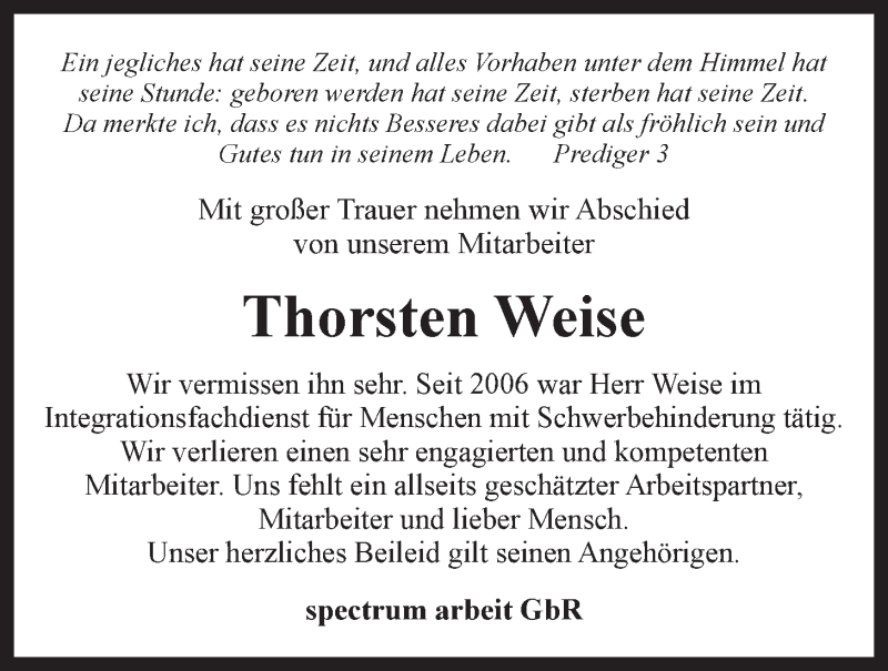  Traueranzeige für Thorsten Weise vom 21.05.2016 aus LZ