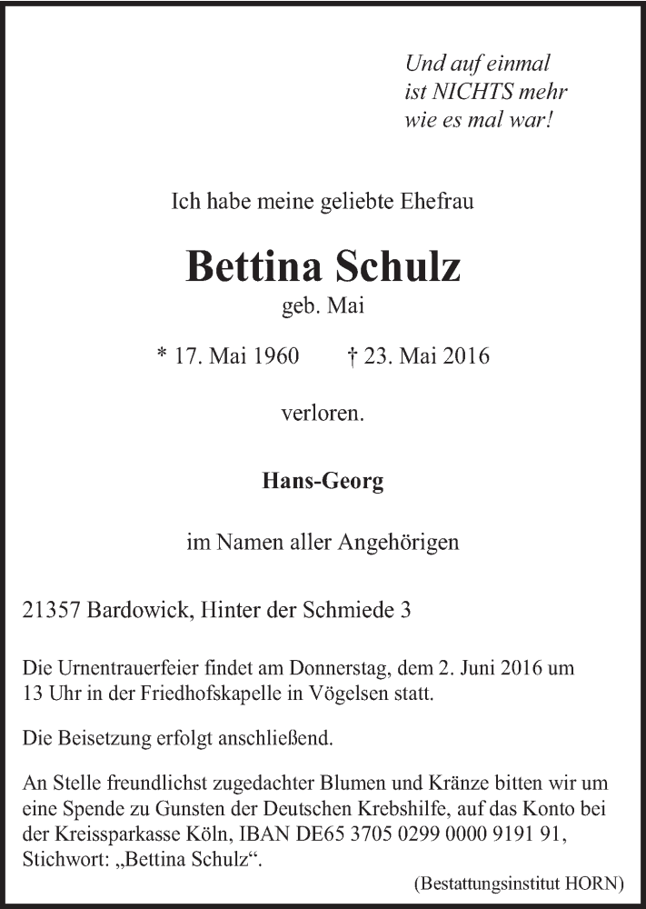  Traueranzeige für Bettina Schulz vom 28.05.2016 aus LZ