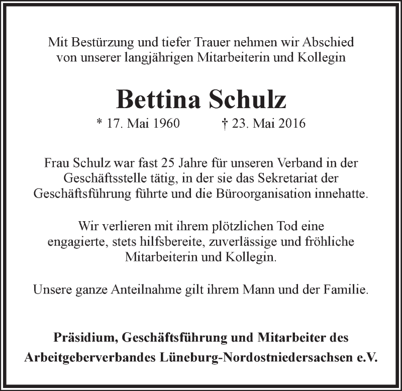  Traueranzeige für Bettina Schulz vom 28.05.2016 aus LZ