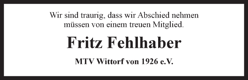  Traueranzeige für Fritz Fehlhaber vom 11.05.2016 aus LZ