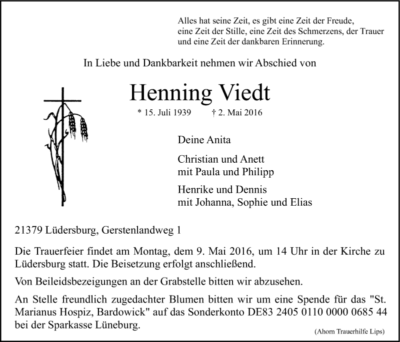  Traueranzeige für Henning Viedt vom 04.05.2016 aus LZ