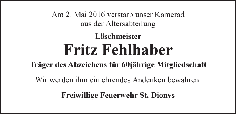  Traueranzeige für Fritz Fehlhaber vom 10.05.2016 aus LZ