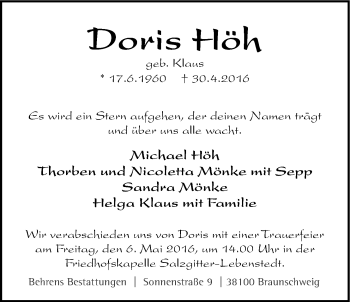 Anzeige von Doris Höh von LZ