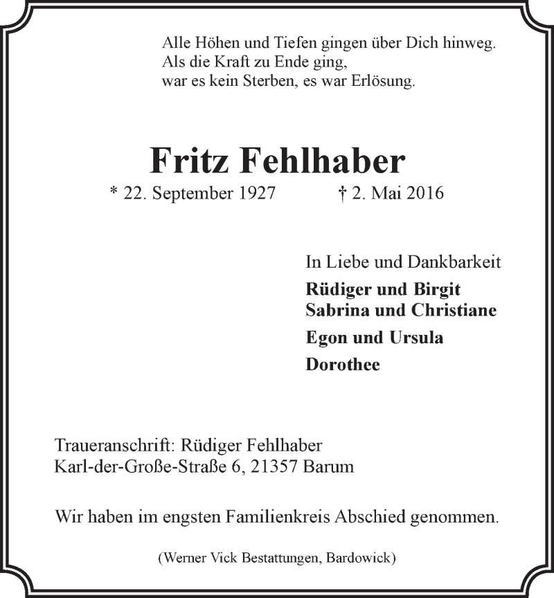  Traueranzeige für Fritz Fehlhaber vom 10.05.2016 aus LZ