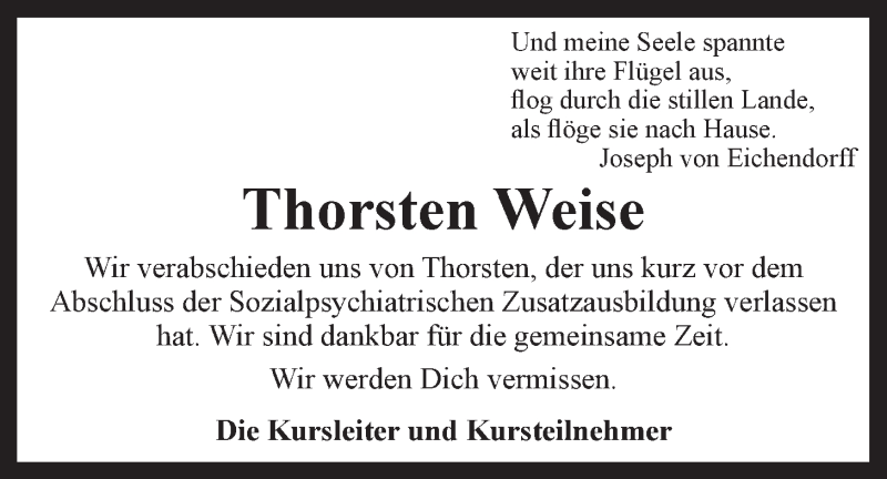  Traueranzeige für Thorsten Weise vom 25.05.2016 aus LZ