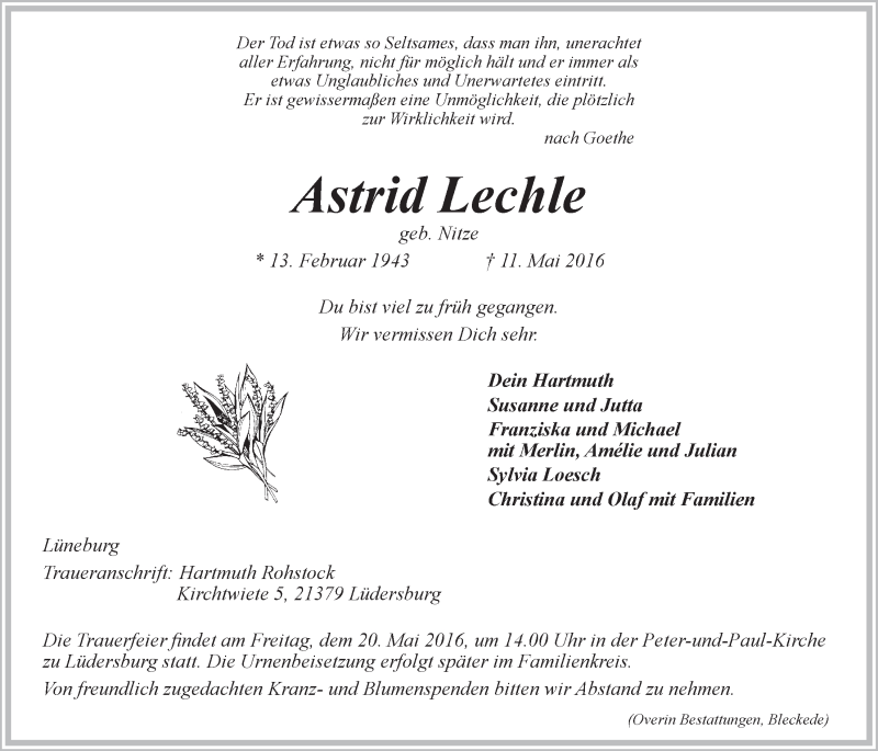  Traueranzeige für Astrid Lechle vom 14.05.2016 aus LZ