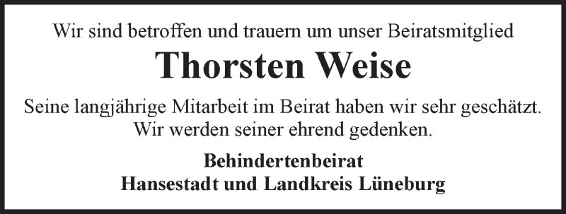  Traueranzeige für Thorsten Weise vom 25.05.2016 aus LZ