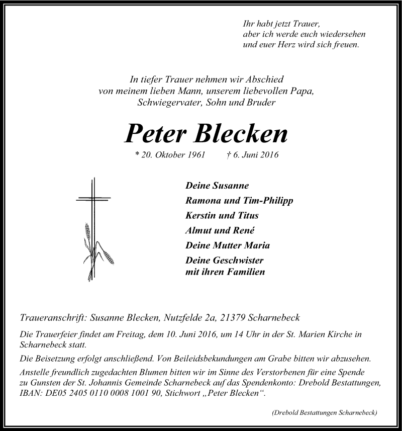  Traueranzeige für Peter Blecken vom 08.06.2016 aus LZ