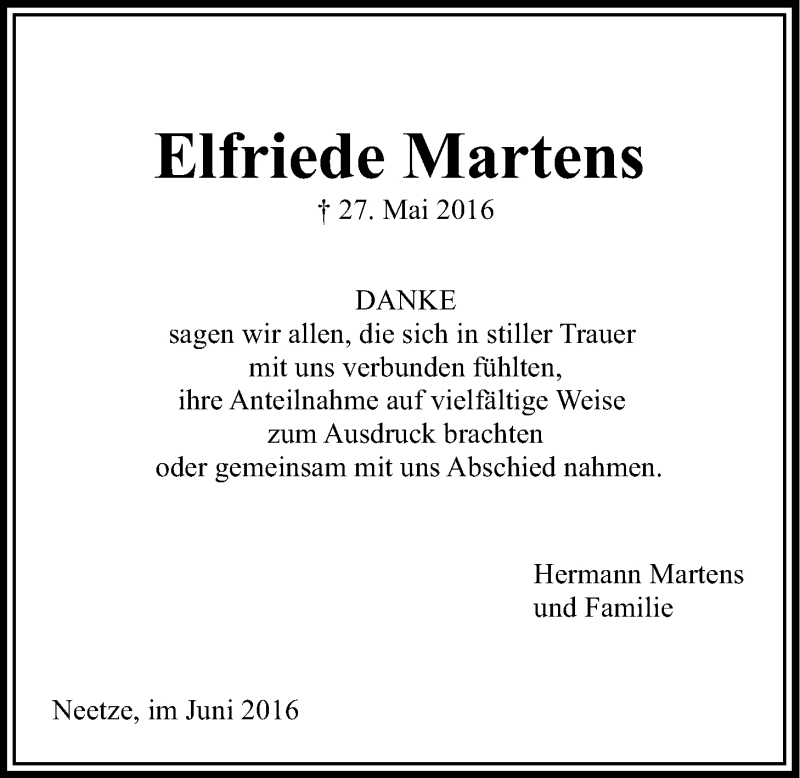  Traueranzeige für Elfriede Martens vom 25.06.2016 aus LZ