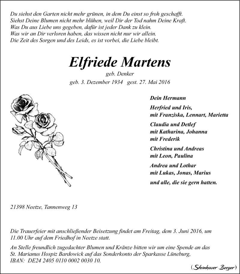  Traueranzeige für Elfriede Martens vom 01.06.2016 aus LZ