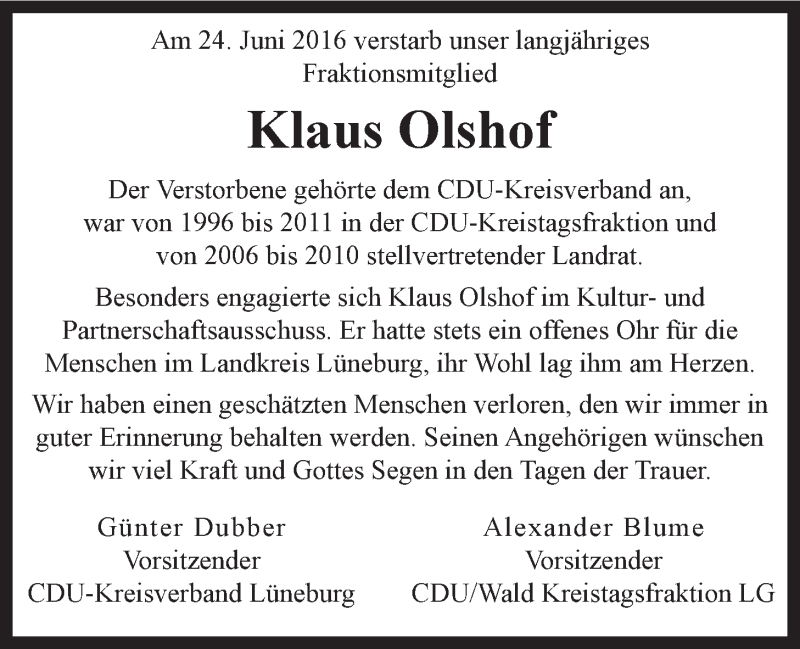  Traueranzeige für Klaus Olshof vom 29.06.2016 aus LZ