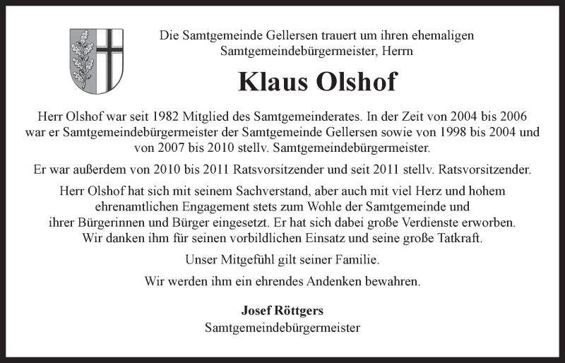  Traueranzeige für Klaus Olshof vom 29.06.2016 aus LZ