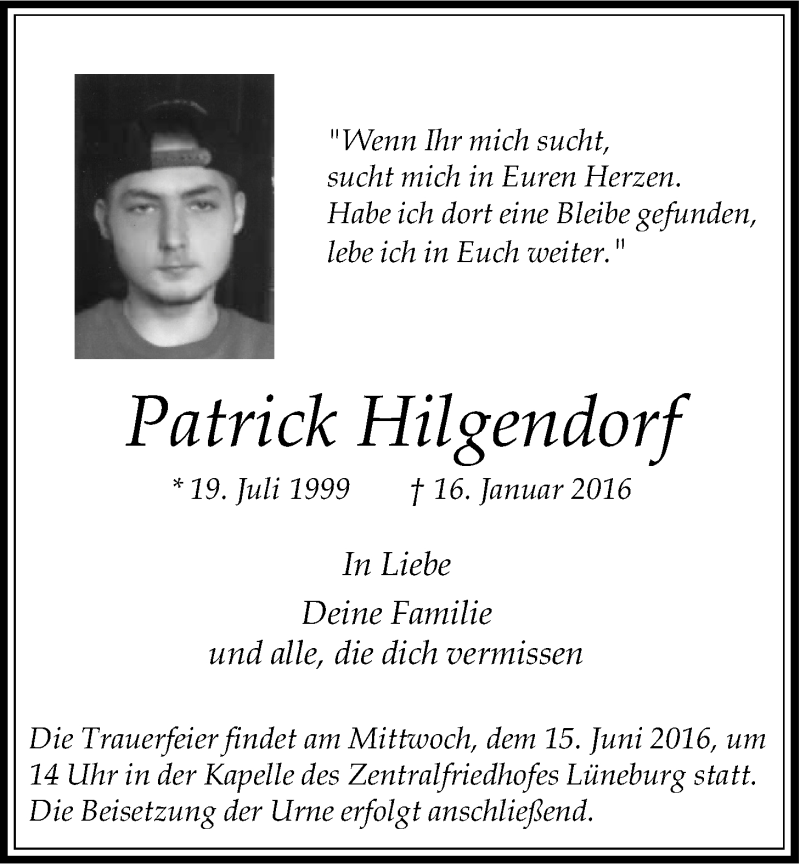  Traueranzeige für Patrick Hilgendorf vom 11.06.2016 aus LZ