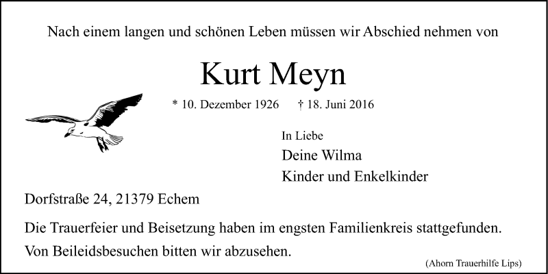  Traueranzeige für Kurt Meyn vom 29.06.2016 aus LZ