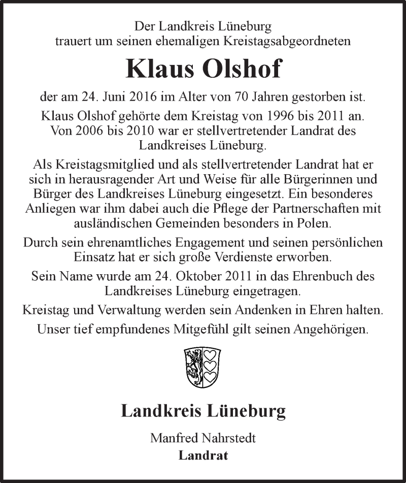  Traueranzeige für Klaus Olshof vom 29.06.2016 aus LZ