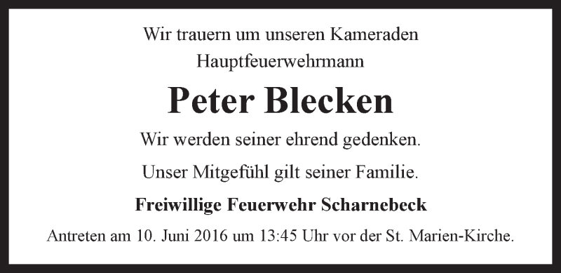  Traueranzeige für Peter Blecken vom 08.06.2016 aus LZ