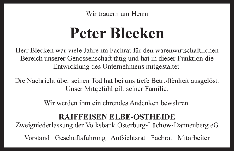  Traueranzeige für Peter Blecken vom 09.06.2016 aus LZ