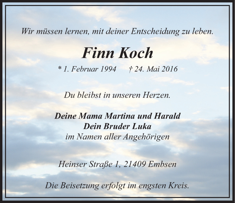  Traueranzeige für Finn Koch vom 04.06.2016 aus LZ