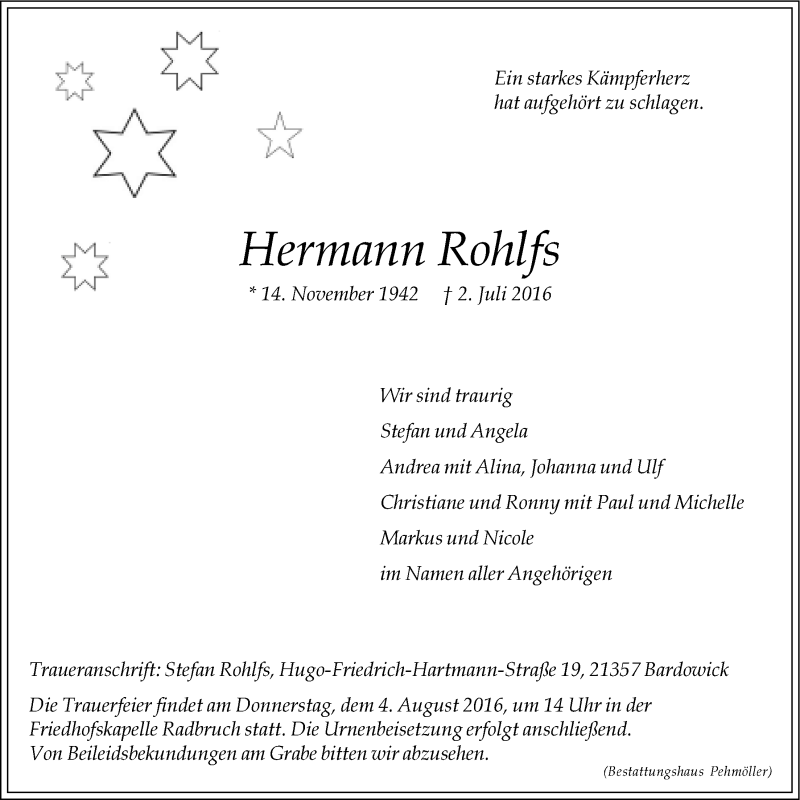 Traueranzeigen von Hermann Rohlfs TrauerLüneburg.de