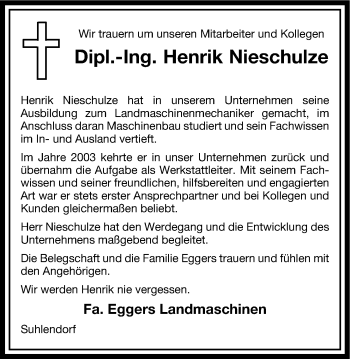 Anzeige von Henrik Nieschulze von LZ