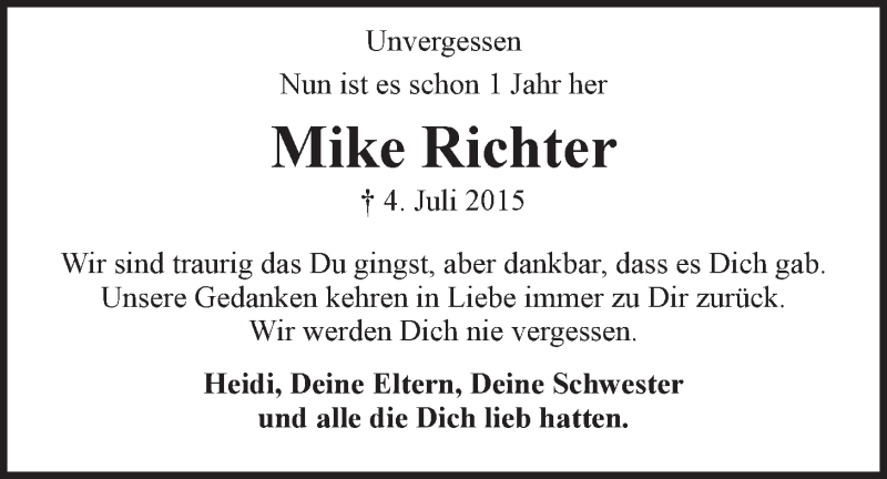  Traueranzeige für Mike Richter vom 04.07.2016 aus LZ