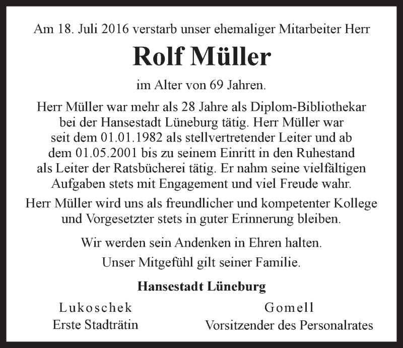  Traueranzeige für Rolf Müller vom 23.07.2016 aus LZ
