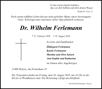Anzeige von Wilhelm Ferlemann von LZ