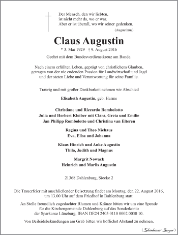 Anzeige von Claus Augustin von LZ
