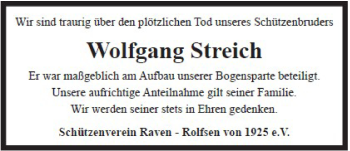 Anzeige von Wolfgang Streich von Landeszeitung Lüneburg