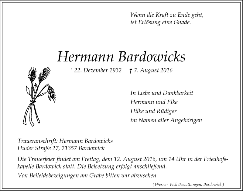  Traueranzeige für Hermann Bardowicks vom 10.08.2016 aus LZ