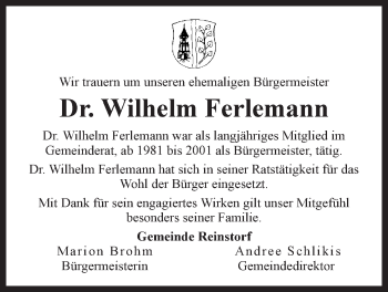 Anzeige von Wilhelm Ferlemann von LZ