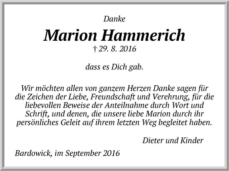  Traueranzeige für Marion Hammerich vom 24.09.2016 aus LZ
