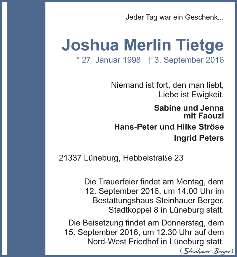  Traueranzeige für Joshua Merlin Tietge vom 08.09.2016 aus LZ