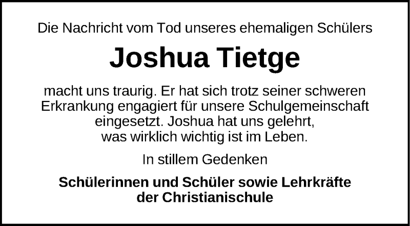  Traueranzeige für Joshua Merlin Tietge vom 08.09.2016 aus LZ