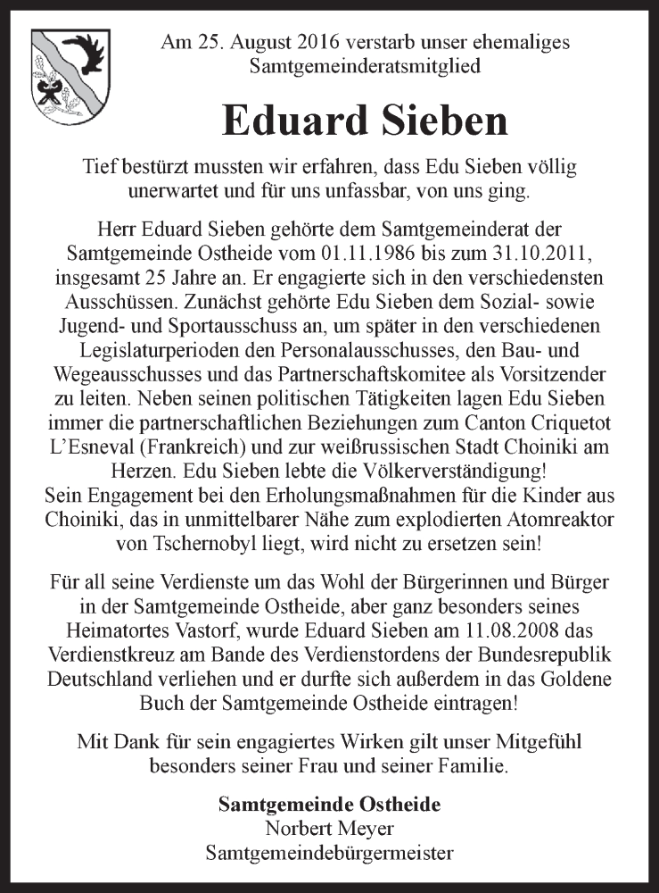  Traueranzeige für Eduard Sieben vom 31.08.2016 aus LZ