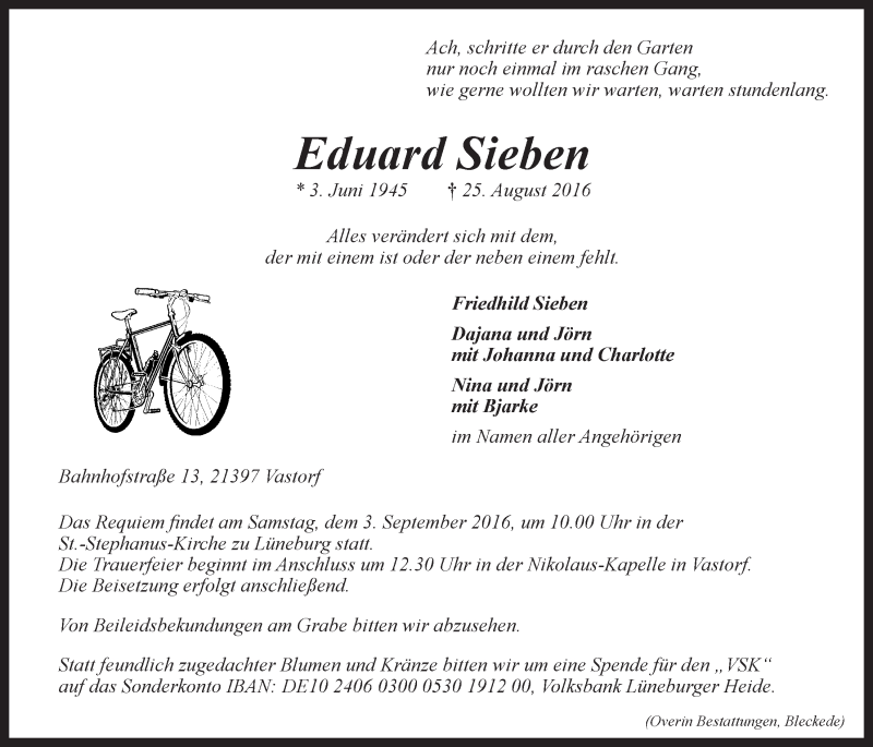  Traueranzeige für Eduard Sieben vom 31.08.2016 aus LZ