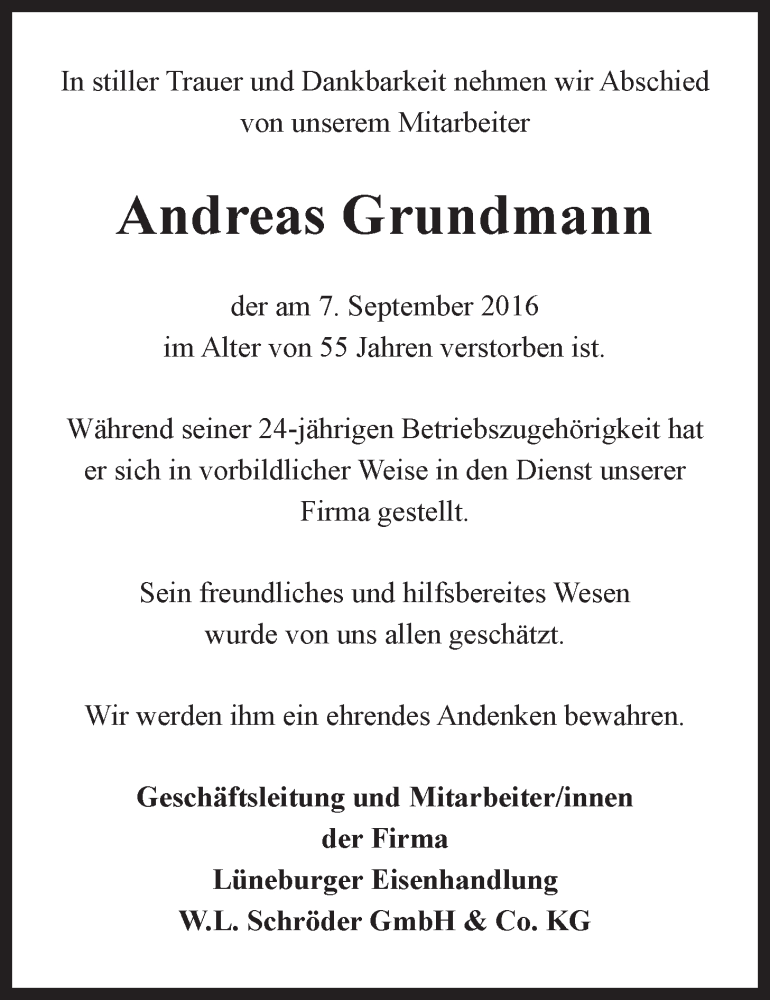  Traueranzeige für Andreas Grundmann vom 14.09.2016 aus LZ