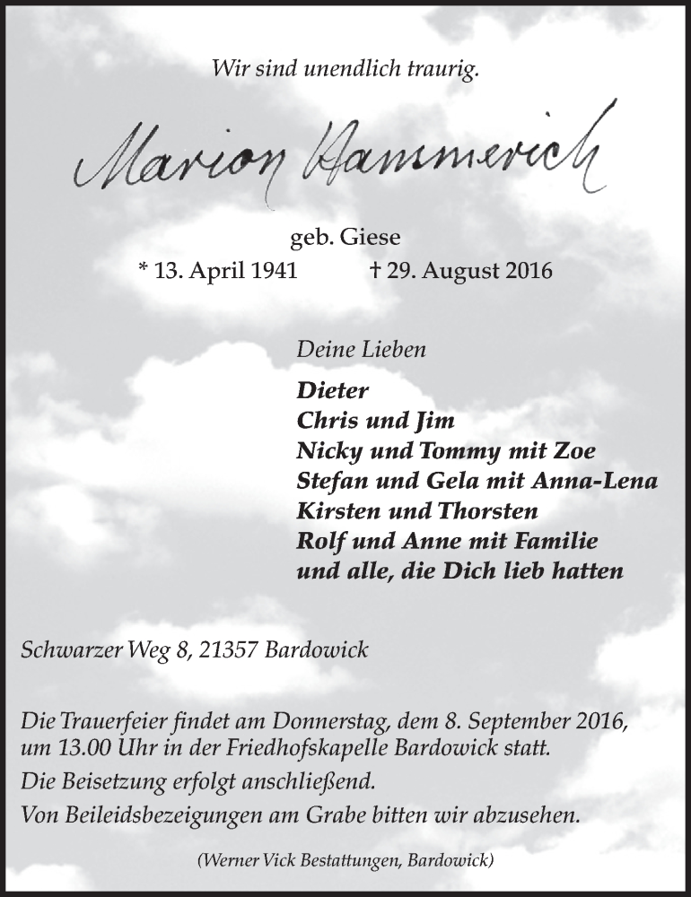  Traueranzeige für Marion Hammerich vom 03.09.2016 aus LZ