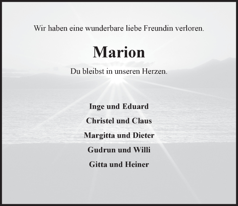  Traueranzeige für Marion Hammerich vom 03.09.2016 aus LZ