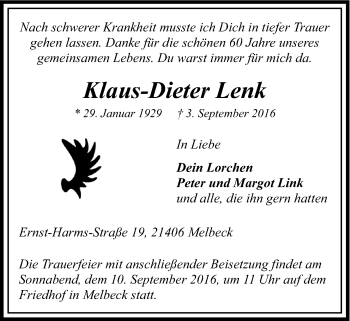 Anzeige von Klaus-Dieter Lenk von LZ