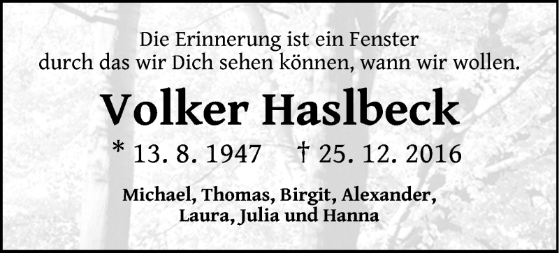  Traueranzeige für Volker Haslbeck vom 06.01.2017 aus LZ